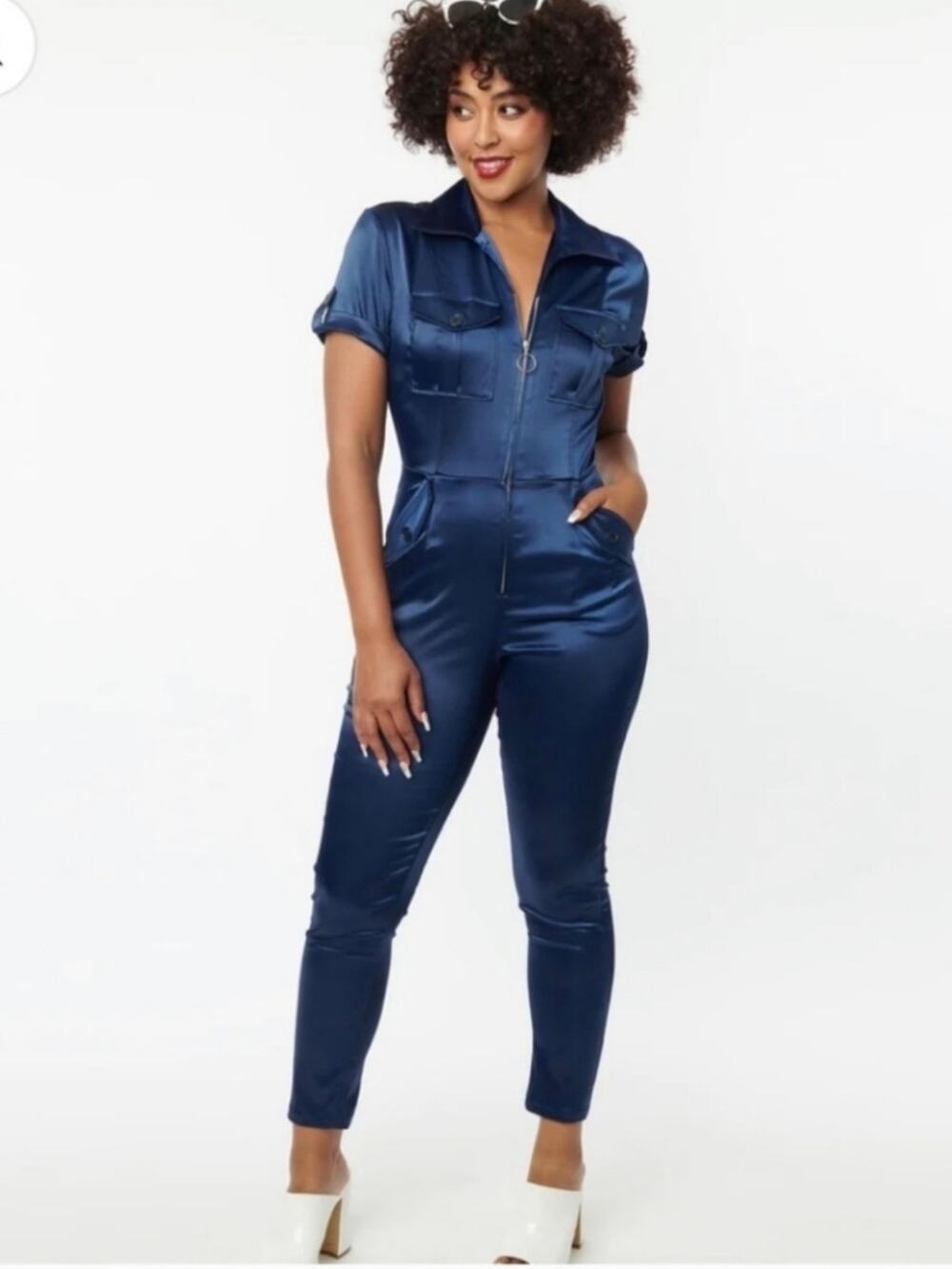 Unique Vintage Navy Satin Short Sleeve Jumpsuit 5X 26 NWOT